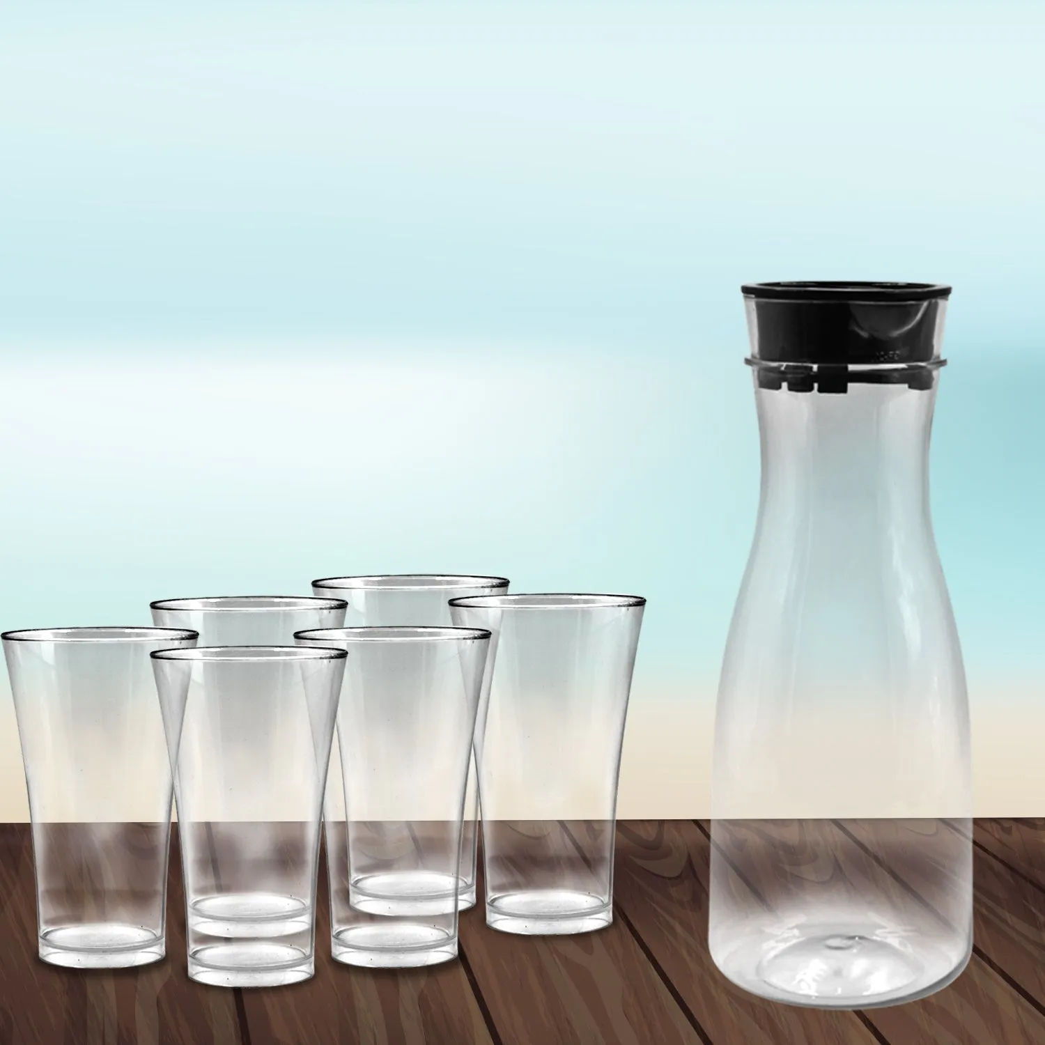 076_Transparent Unbreakable Water Juicy Jug and 6 Pcs. Glass Combo Set for Dining Table Office Restaurant Pitcher