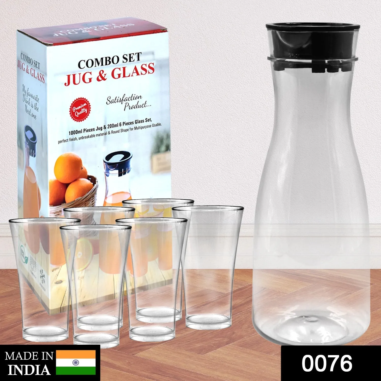 076_Transparent Unbreakable Water Juicy Jug and 6 Pcs. Glass Combo Set for Dining Table Office Restaurant Pitcher