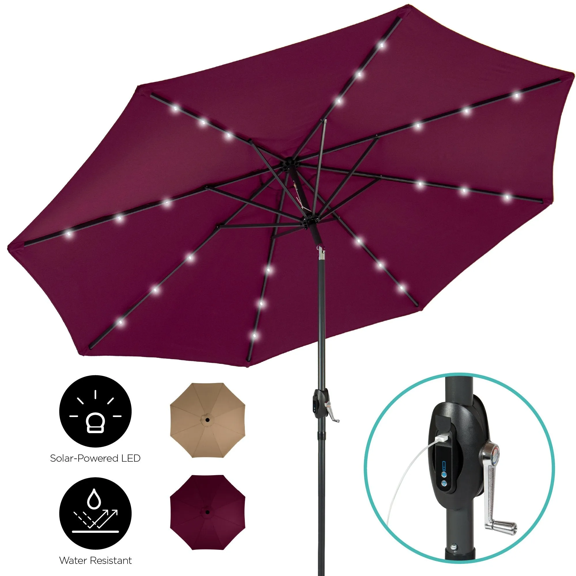 10ft Solar Patio Umbrella w/ USB Charger, Portable Power Bank