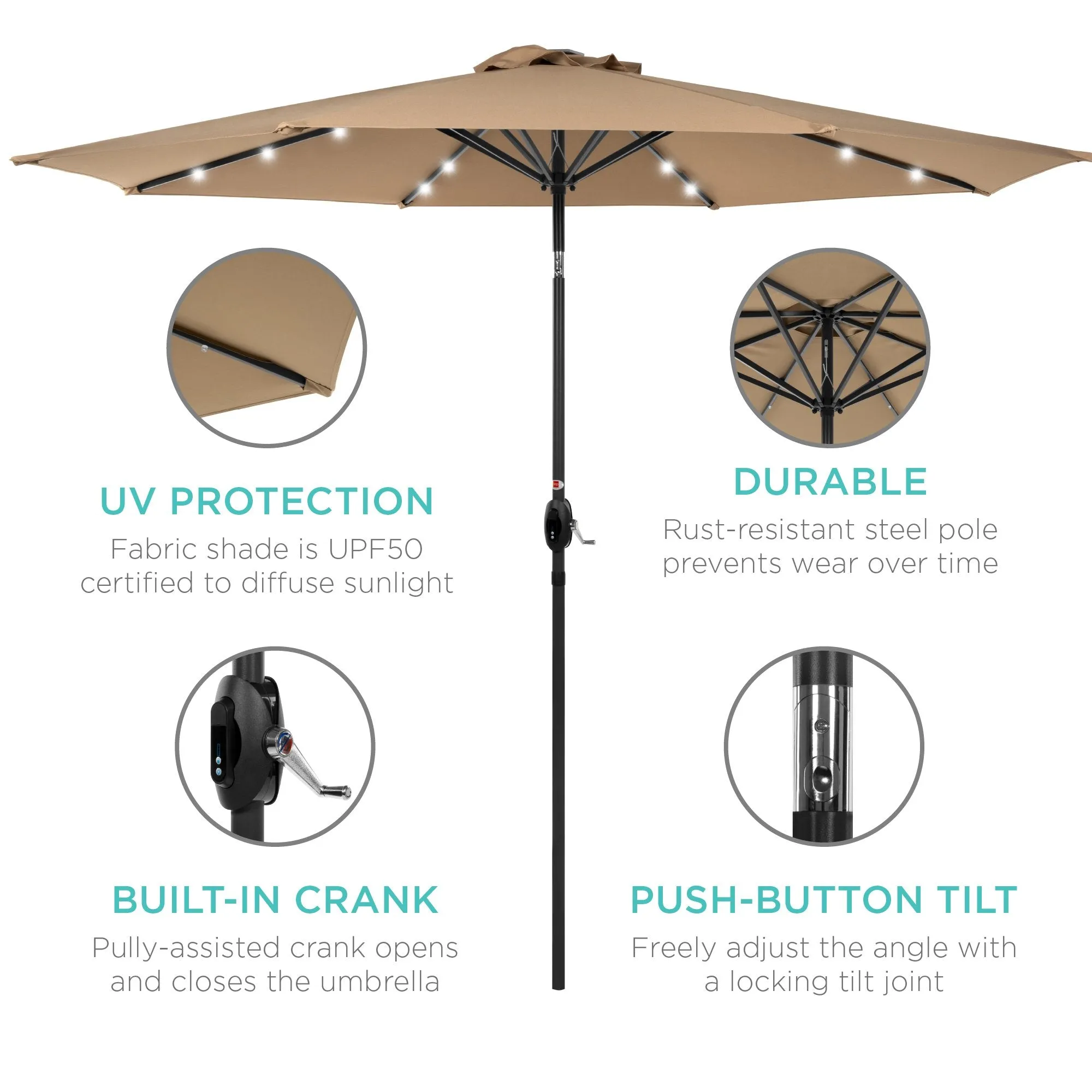 10ft Solar Patio Umbrella w/ USB Charger, Portable Power Bank