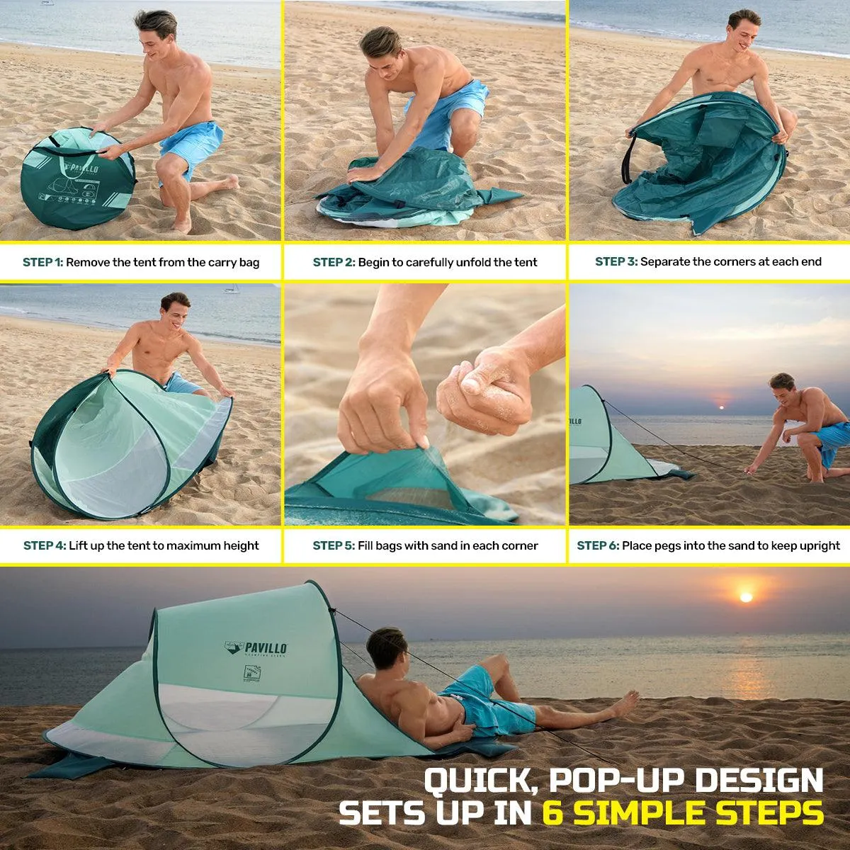 Bestway 2m x 1.2m Beach Tent 2 Person UV Protected Pegs & Carry Bag Included