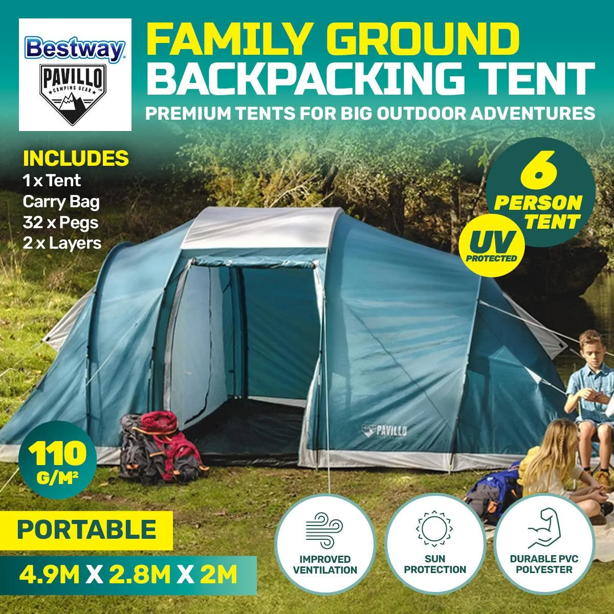 Bestway 4.9m x 2.m Tent 6 Person UV Protected Premium Double Layered PVC