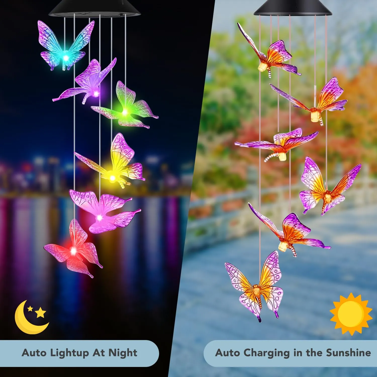 Ekhasa Solar Butterfly Wind Chimes | Solar Powered WindChime for Balcony, Outdoor & Garden Magical Solar Power Positive Vibes WindChimes Lights (Light Colour Changes, No Sound)