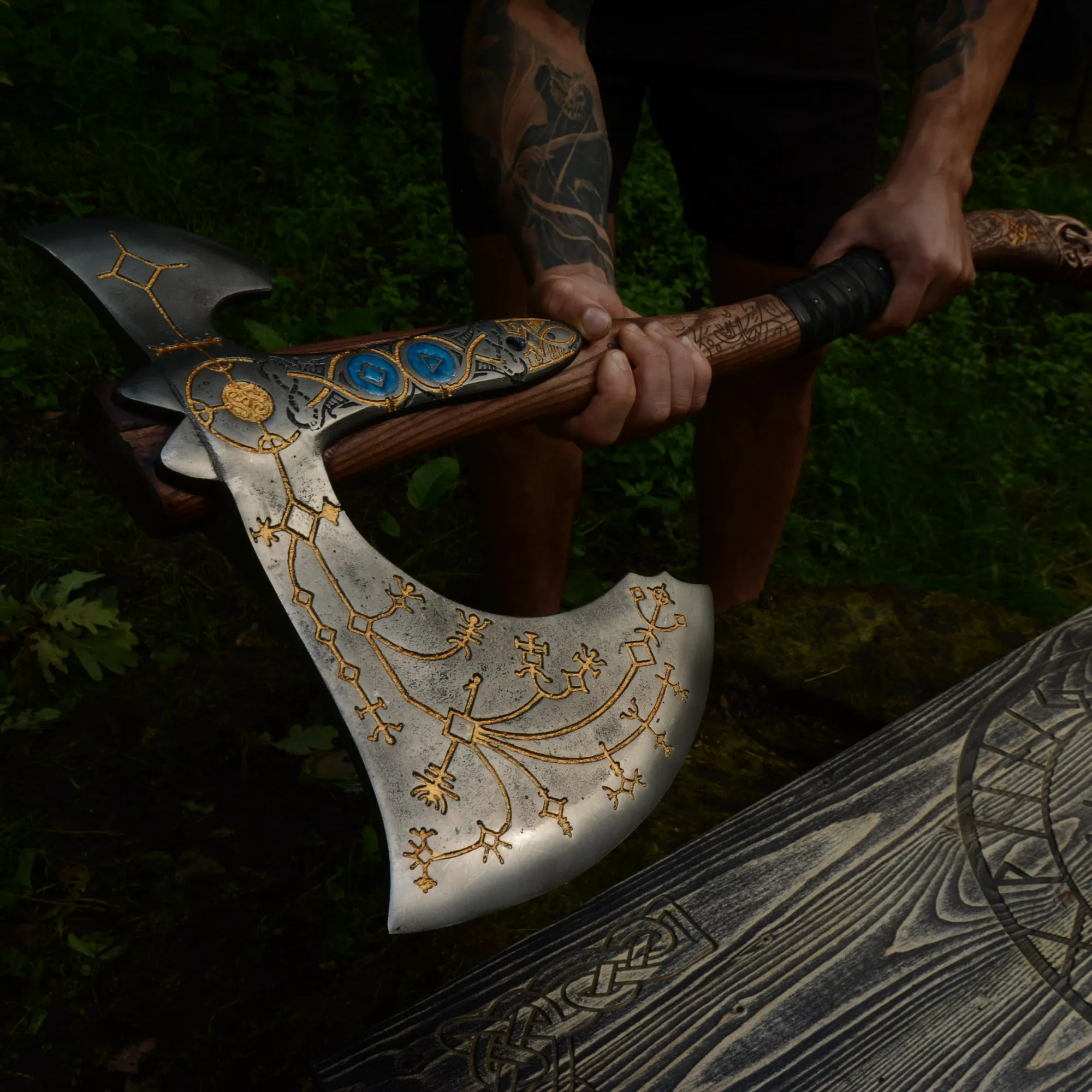 Handforged Leviathan Decorated Replica Axe - Gold