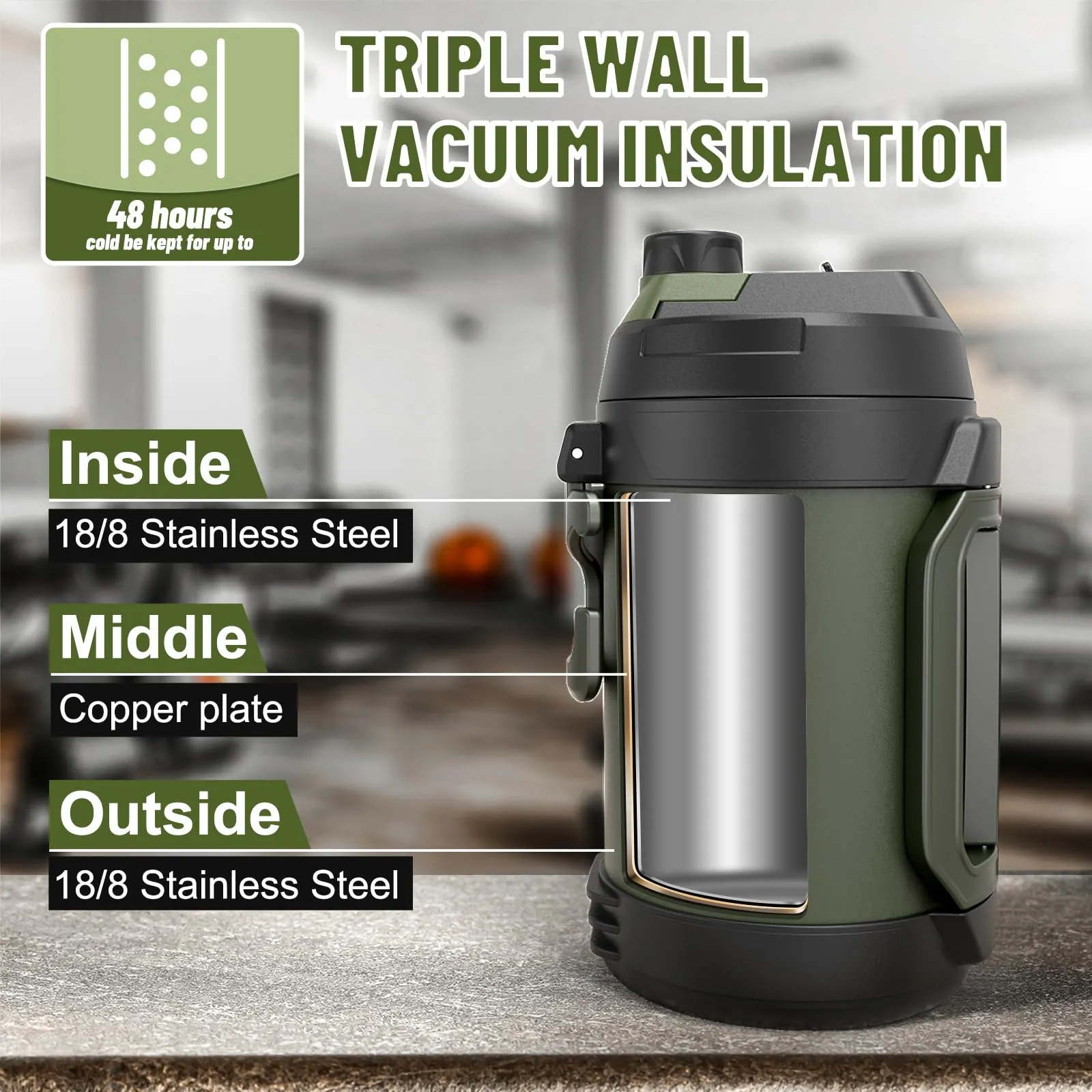 Hydraful Gallon Jug, Large Insulated Stainless Steel Sports Water Jug, Water Jug, 115oz Large Triple Wall Vacuum Insulation Water Bottle-Keeps Cold up to 48 Hrs-Sweat Proof,for Gym, Hiking & Camping