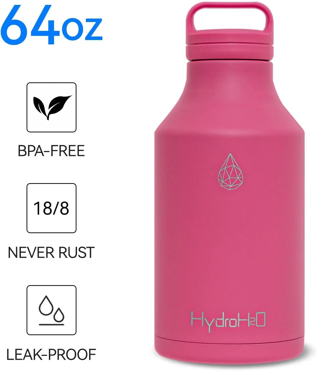 HYDRO H2O 64 oz Stainless Steel Water Bottle, 1/2 gallon Vacuum Insulated Water Bottle, BPA-Free Metal Flask,Lightweight Double Wall Large Thermos for camping,sports,Gym, (Half Gallon Pink)