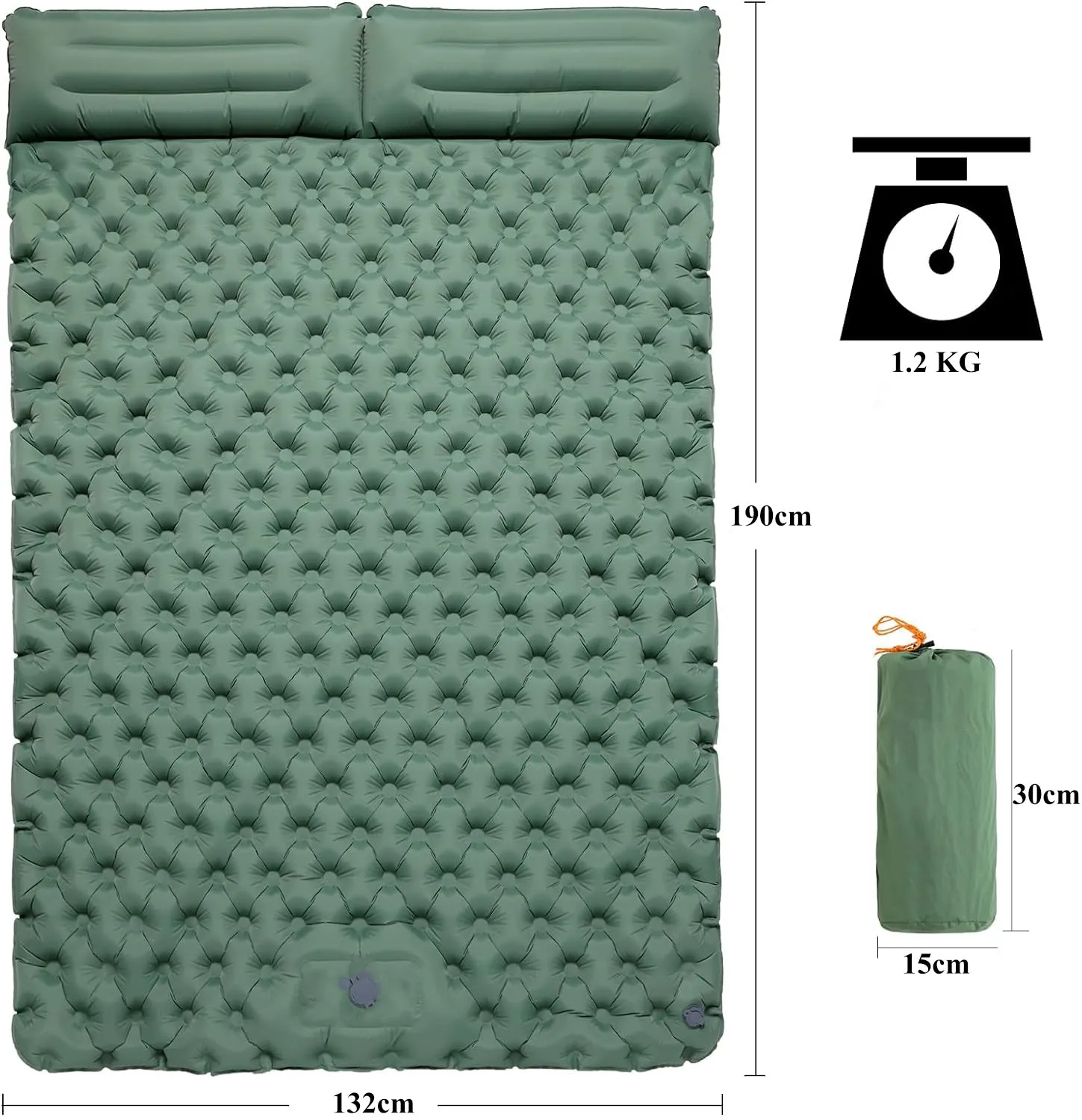 Inflatable Sleeping Mat with Built-In Pillow and Pump _ Green