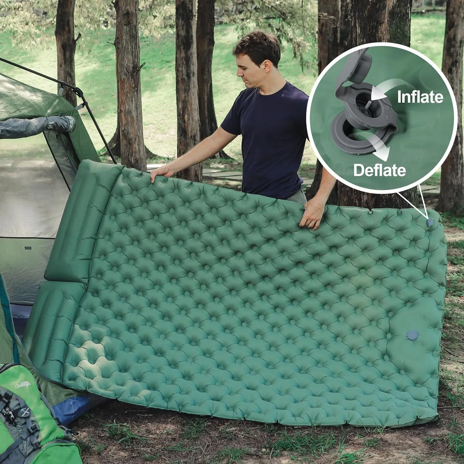 Inflatable Sleeping Mat with Built-In Pillow and Pump _ Green