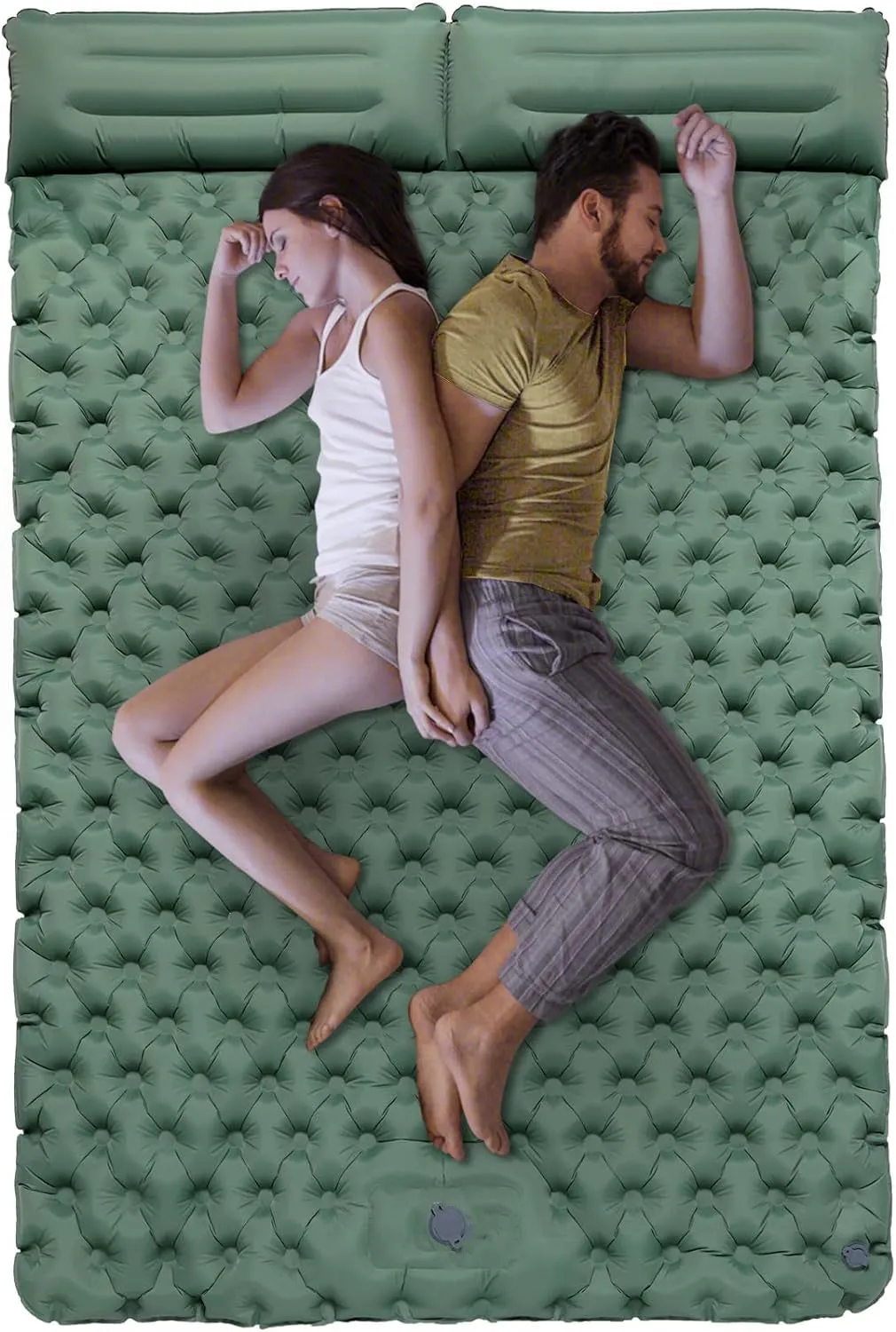 Inflatable Sleeping Mat with Built-In Pillow and Pump _ Green