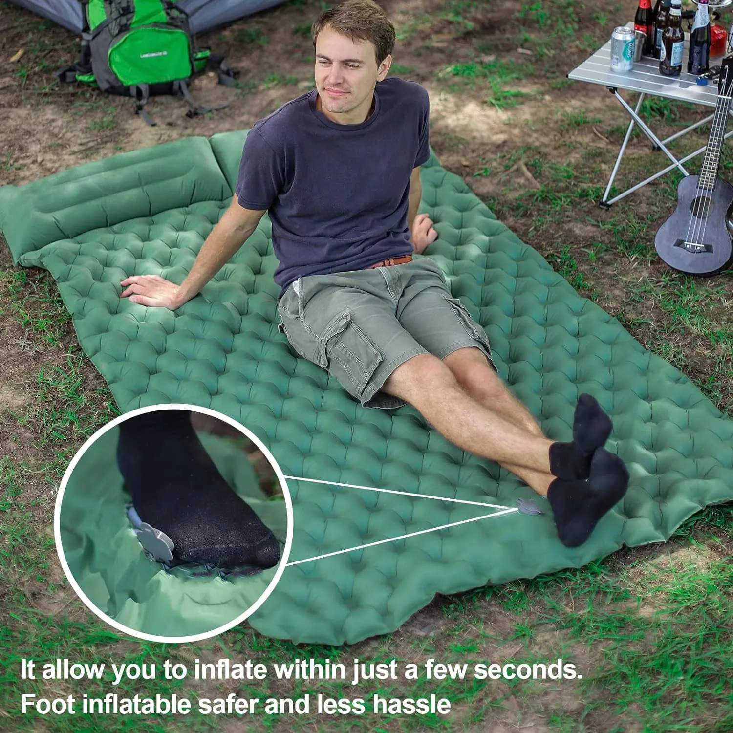 Inflatable Sleeping Mat with Built-In Pillow and Pump _ Green