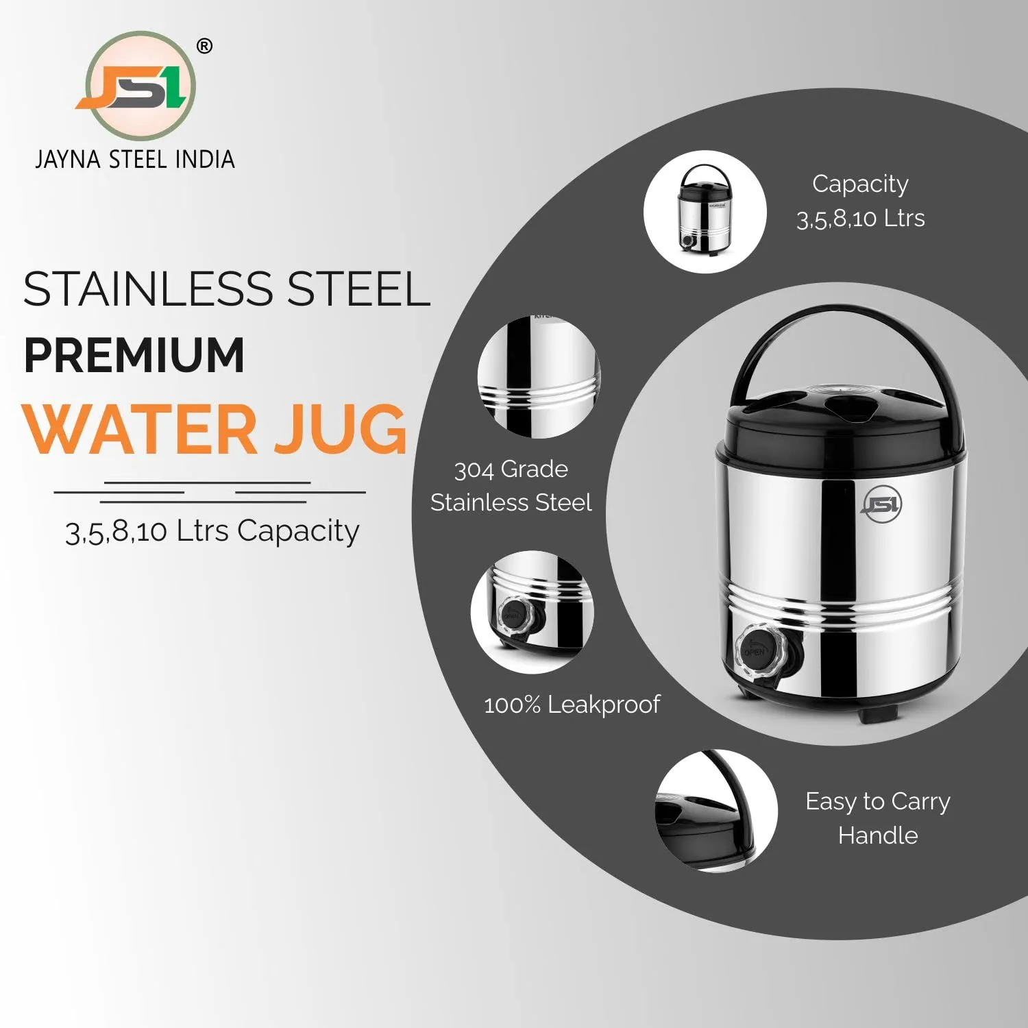 JSI Stainless Steel Hot Tea Containers/Flask 8 Liters I 2 Inch PUF Insulated Hot & Cold Water/Tea Jug for Office Kitchen I Easy to Carry Anywhere I Airtight Lids & Leak-Proof Lids I Travel Water Jug