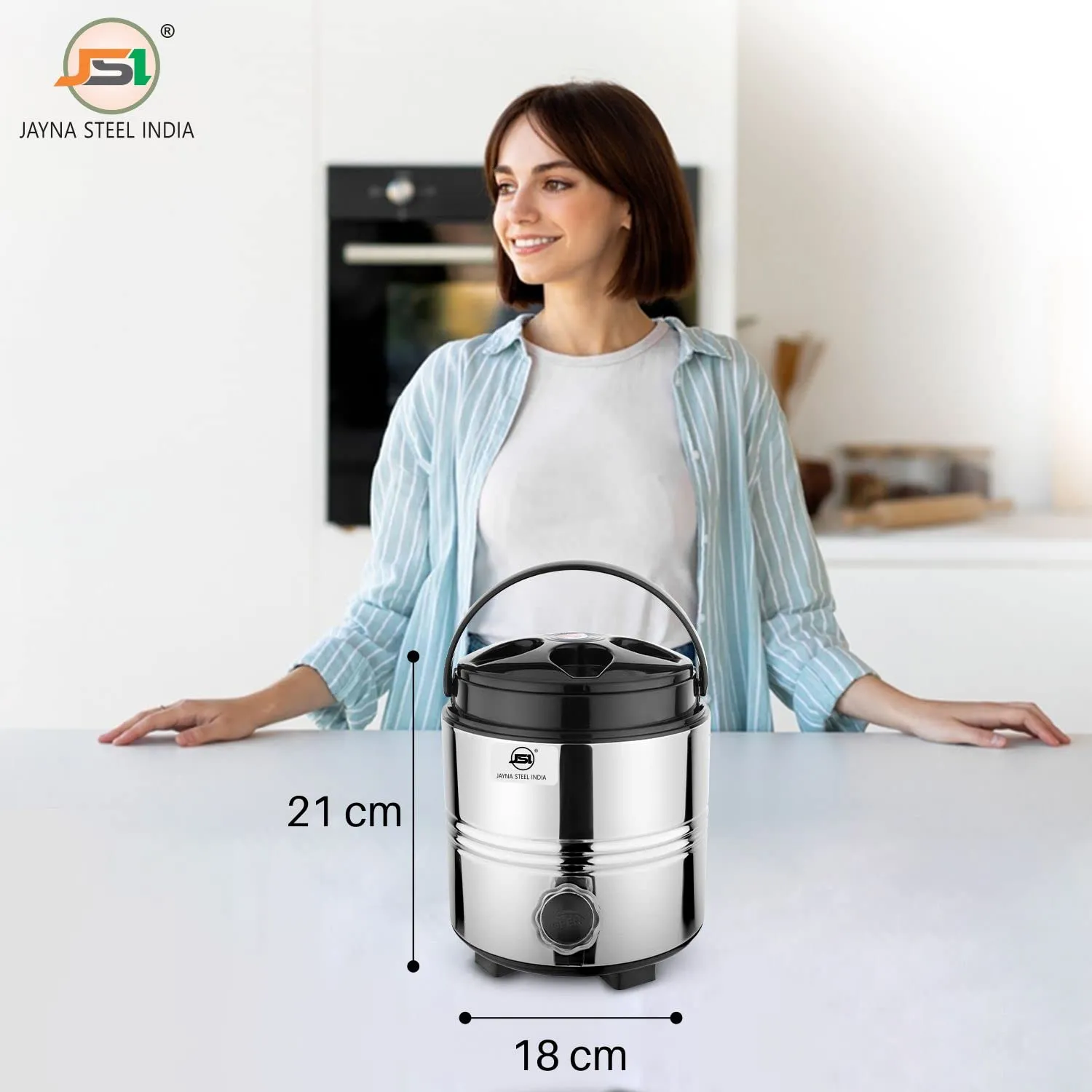 JSI Stainless Steel PUF Insulated Water/Tea Jug 3 Liters I Easy to Carry Handle I Leak-Proof Tap I Hot & Cold Water Dipenser for Office Home Kitchen I Keeps Beverages Fresh I Travel Water jug