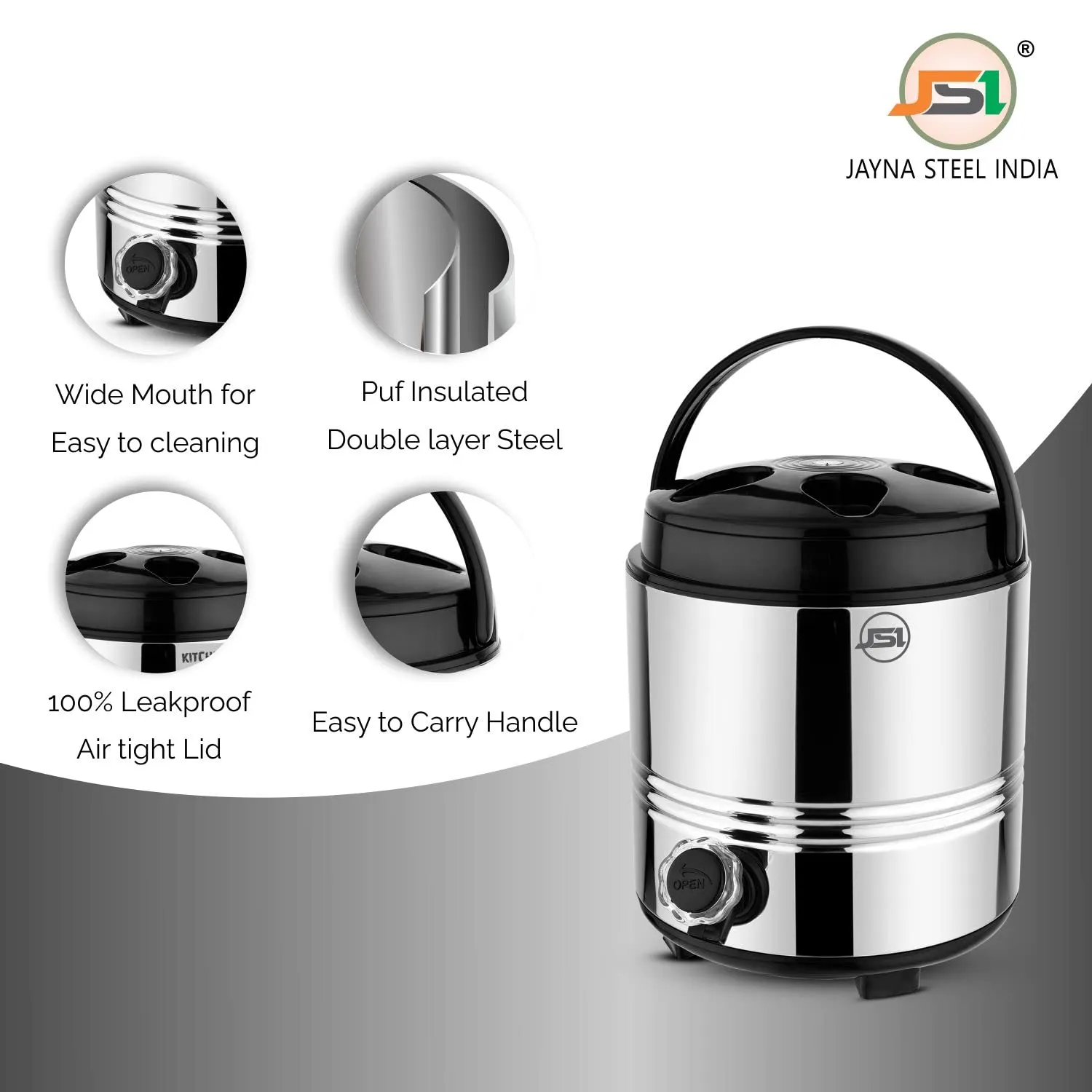 JSI Stainless Steel Water Jug 5 Liters for Office Home Kitchen I PUF Thermally Insulated I Hot & Cold Water Dispenser I Keeps Beverages Fresh I Easy to use & Maintain I BPA Free I Durable & Sturdy