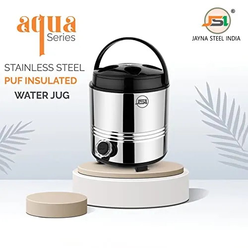 JSI Steel Insulated Water Jug I Thermos Hot and Cold Water Container I Double Walled Stainless Steel PUF Body I Easy to Carry Handle I 5 iters, Silver-Black