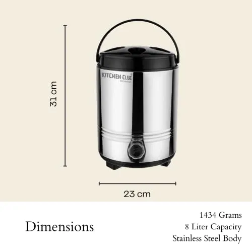 KITCHEN CLUE Double Walled Stainless Steel Hot Tea/Water Thermos For Office Home Kitchen, 8 Liter-Silver, PUF Insulated Hot And Cold Water Dispenser With Leak proof Tap I Durable & Sturdy base