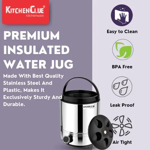 KITCHEN CLUE Double Walled Stainless Steel Hot Tea/Water Thermos For Office Home Kitchen, 8 Liter-Silver, PUF Insulated Hot And Cold Water Dispenser With Leak proof Tap I Durable & Sturdy base