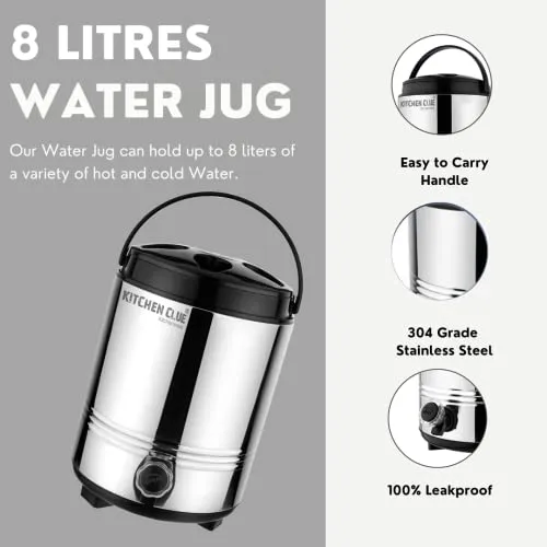 KITCHEN CLUE Double Walled Stainless Steel Hot Tea/Water Thermos For Office Home Kitchen, 8 Liter-Silver, PUF Insulated Hot And Cold Water Dispenser With Leak proof Tap I Durable & Sturdy base