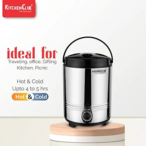 KITCHEN CLUE Double Walled Stainless Steel Hot Tea/Water Thermos For Office Home Kitchen, 8 Liter-Silver, PUF Insulated Hot And Cold Water Dispenser With Leak proof Tap I Durable & Sturdy base