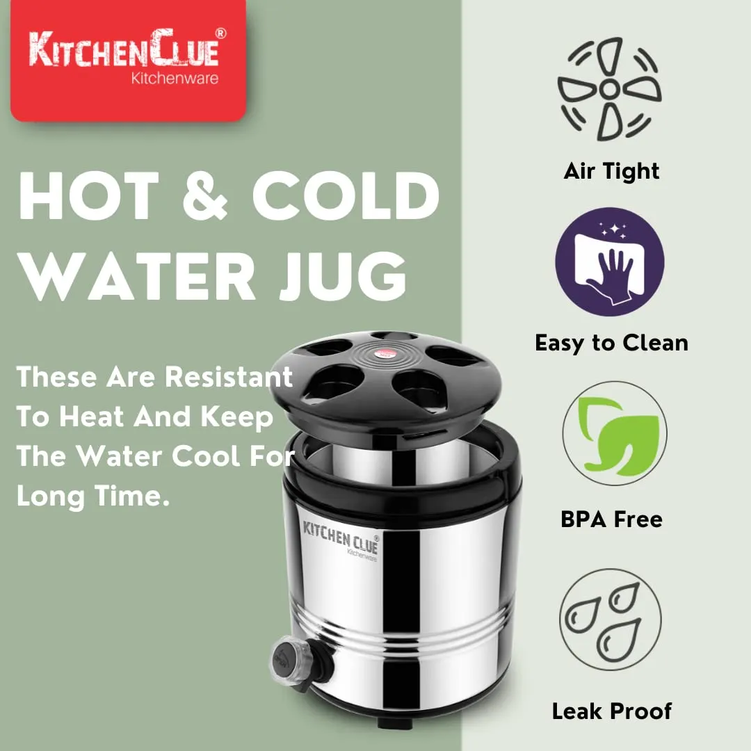 KITCHEN CLUE Insulated thermos For Hot Tea/Water 5 Liters, Silver - Double Walled Stainless Steel PUF Insulation Hot And Cold Water Dispenser For Office home Kitchen - Easy To Carry Handle, Leak proof