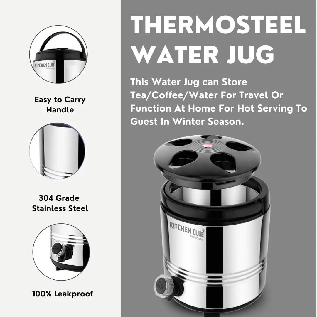 KITCHEN CLUE Insulated thermos For Hot Tea/Water 5 Liters, Silver - Double Walled Stainless Steel PUF Insulation Hot And Cold Water Dispenser For Office home Kitchen - Easy To Carry Handle, Leak proof