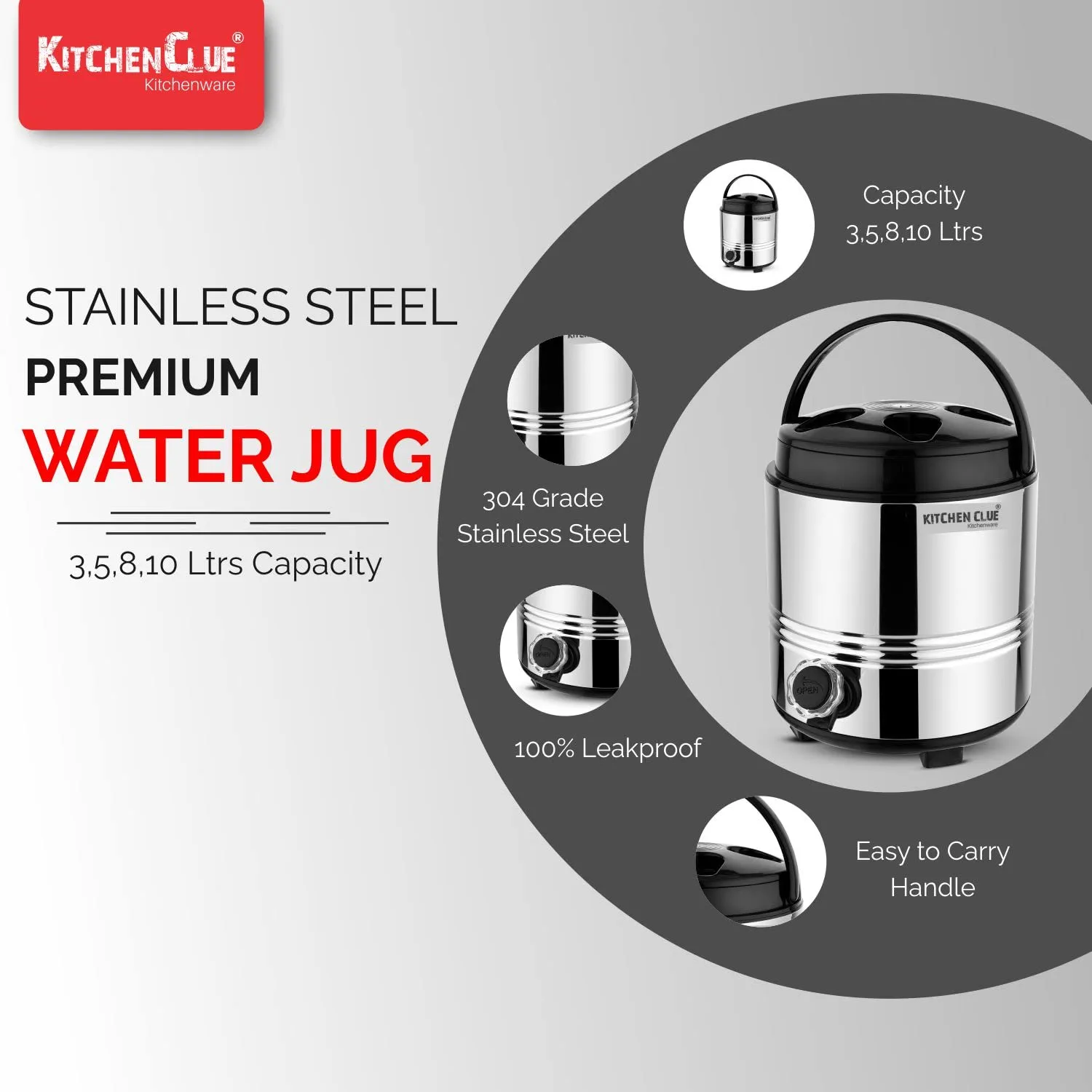 KITCHEN CLUE Insulated thermos For Hot Tea/Water 5 Liters, Silver - Double Walled Stainless Steel PUF Insulation Hot And Cold Water Dispenser For Office home Kitchen - Easy To Carry Handle, Leak proof