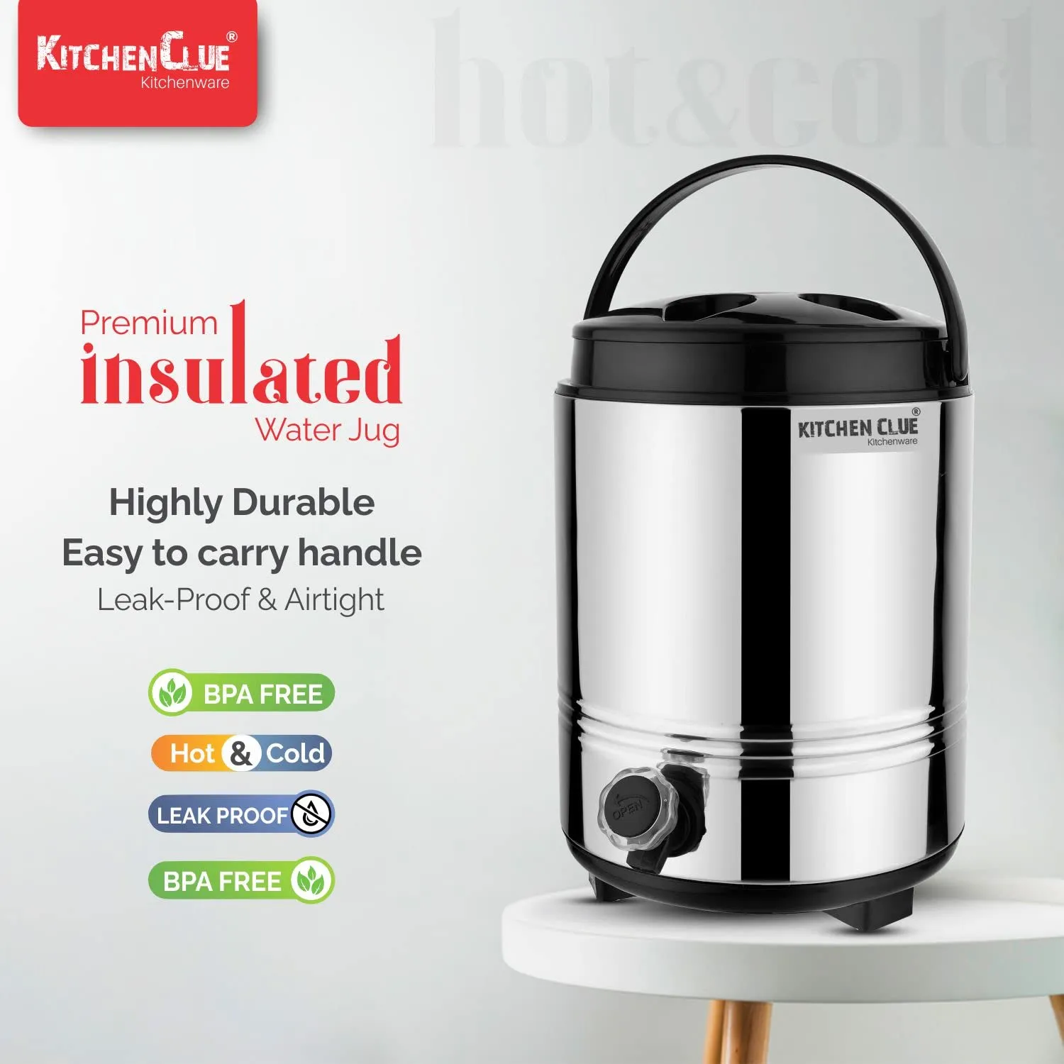 KITCHEN CLUE PU Insulated Water Dispenser for Office, Home Kitchen, 10 Liter I Hot and Cold Upto 4-5 Hours I Easy to Carry Plastic Handle I Hot Tea Flask/Jug for Winter Season I BPA Free (Silver)