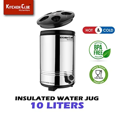 Kitchen Clue PUF Insulated Hot & Cold Water Jug/Container for Office Home Kitchen I Travel Water/Tea Jug with Carry Handle I Hot & Cold Upto 4-5 Hours I Unbrerakable & Lightweight 10 Liters