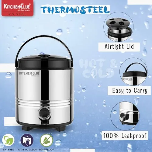 Kitchen Clue Stainless Steel Drinking Water Containers 4.5 Liters - PUF Insulation Hot and Cold Water Jug for Up to 4-5 Hours - Travel Steel Water Dispenser for Office Home Kitchen Picnic