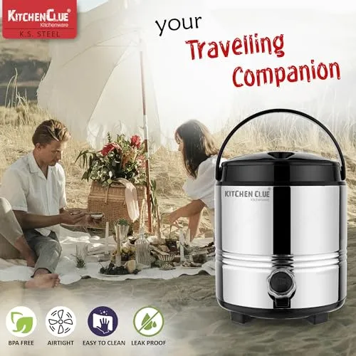 Kitchen Clue Stainless Steel Drinking Water Containers 4.5 Liters - PUF Insulation Hot and Cold Water Jug for Up to 4-5 Hours - Travel Steel Water Dispenser for Office Home Kitchen Picnic