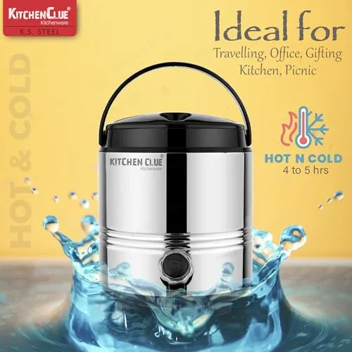 Kitchen Clue Stainless Steel Drinking Water Containers 4.5 Liters - PUF Insulation Hot and Cold Water Jug for Up to 4-5 Hours - Travel Steel Water Dispenser for Office Home Kitchen Picnic