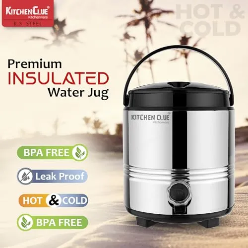 Kitchen Clue Stainless Steel Drinking Water Containers 4.5 Liters - PUF Insulation Hot and Cold Water Jug for Up to 4-5 Hours - Travel Steel Water Dispenser for Office Home Kitchen Picnic