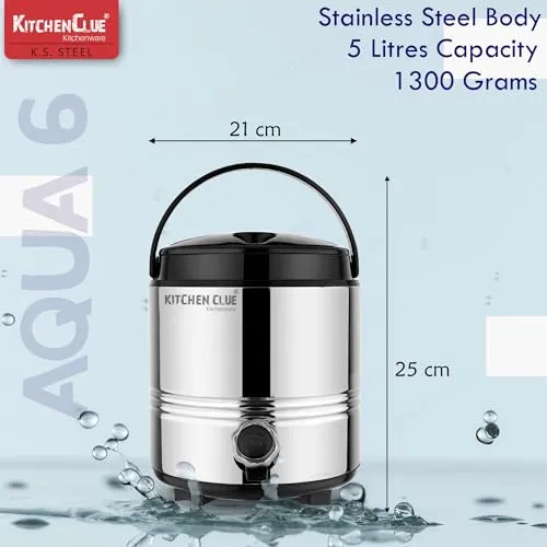 Kitchen Clue Stainless Steel Drinking Water Containers 4.5 Liters - PUF Insulation Hot and Cold Water Jug for Up to 4-5 Hours - Travel Steel Water Dispenser for Office Home Kitchen Picnic