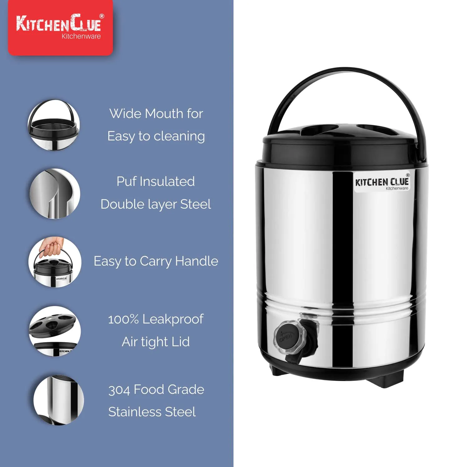 Kitchen Clue Stainless Steel Hot & Cold Tea/Water Dispenser for Office Home Kitchen, 10 Liters I Highly Durable & Easy to Clean & Maintain I PUF Insulated Water Jug I Hot Tea Flask - Carry Handle