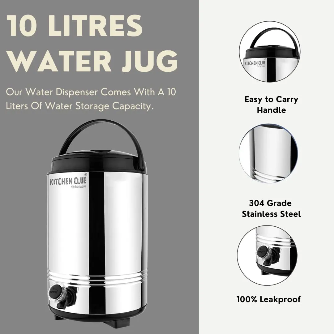 KITCHEN CLUE Stainless Steel Hot and Cold Water Containers with Tap, 10 Liters I PUF Insulated Hot N Cold Upto 4-5hours I Summer Edition Cool Water Dispenser for Office Home Kitchen Travelling