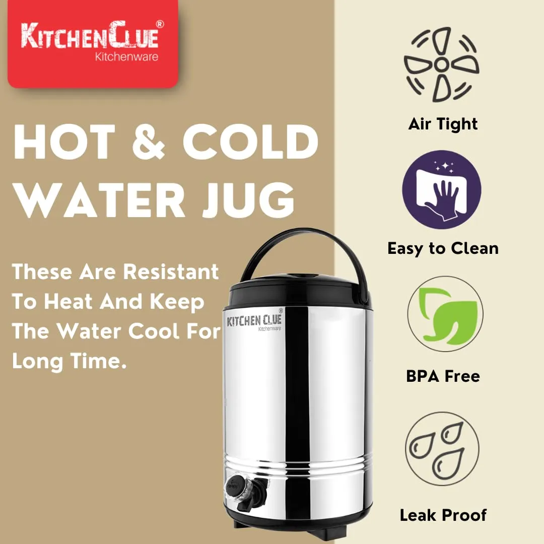 KITCHEN CLUE Stainless Steel Hot and Cold Water Containers with Tap, 10 Liters I PUF Insulated Hot N Cold Upto 4-5hours I Summer Edition Cool Water Dispenser for Office Home Kitchen Travelling