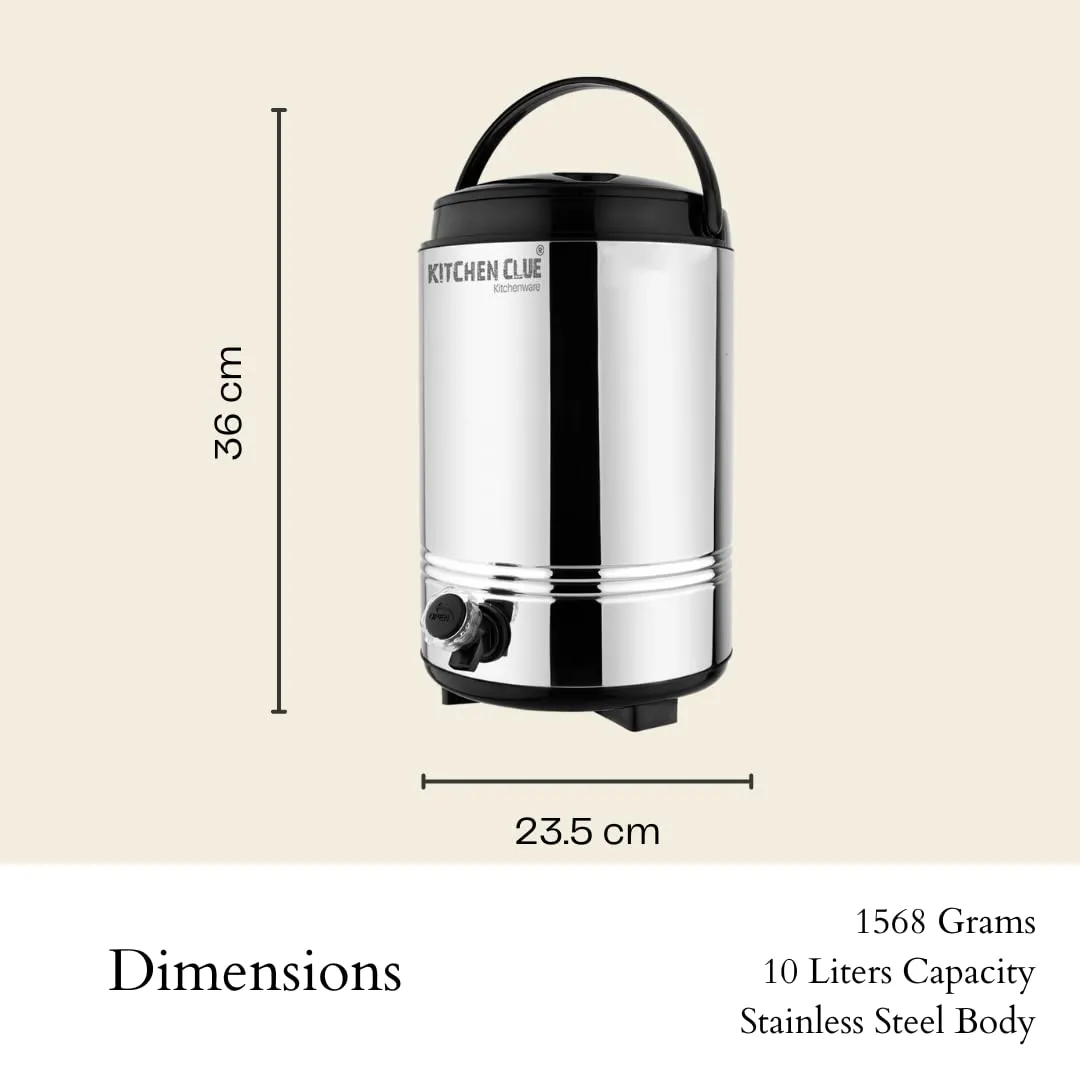 KITCHEN CLUE Stainless Steel Hot and Cold Water Containers with Tap, 10 Liters I PUF Insulated Hot N Cold Upto 4-5hours I Summer Edition Cool Water Dispenser for Office Home Kitchen Travelling