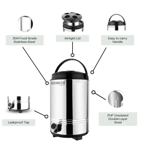 KITCHEN CLUE Stainless Steel Insulated Water Dispenser For Office Home Kitchen I Hot and Cold Water Jug 10 Liters, Silver I Double Walled Steel & Sturdy Handle I Easy To Carry I Easy To Use & Maintain