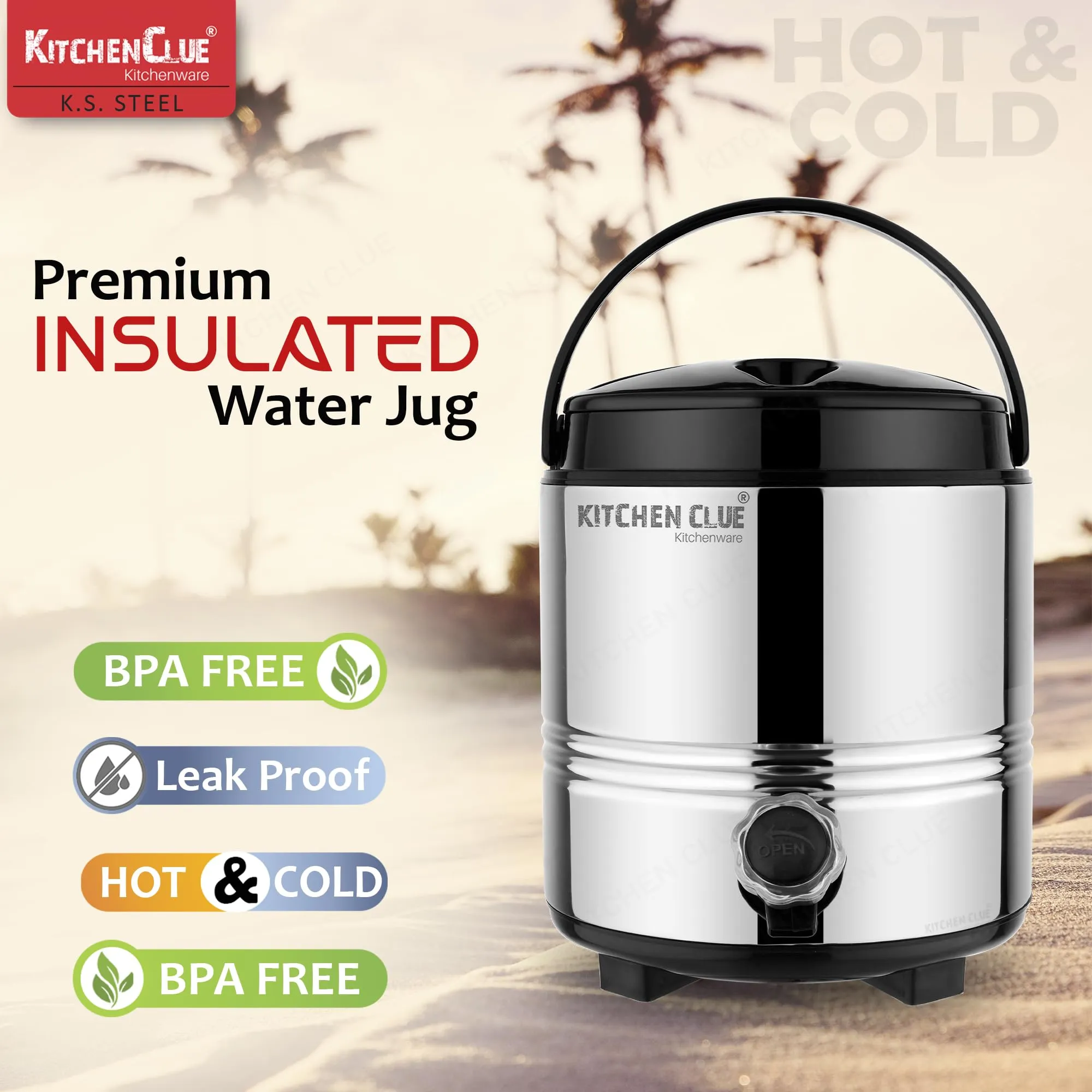 Kitchen Clue Stainless Steel Thermally Insulated Tea/Water Jug with Handle I 5 Liter I Airtight & Spill-Proof Lid I HOT & Cold Water Dispenser with Leak-Proof Tap I Highly Durable & Sturdy