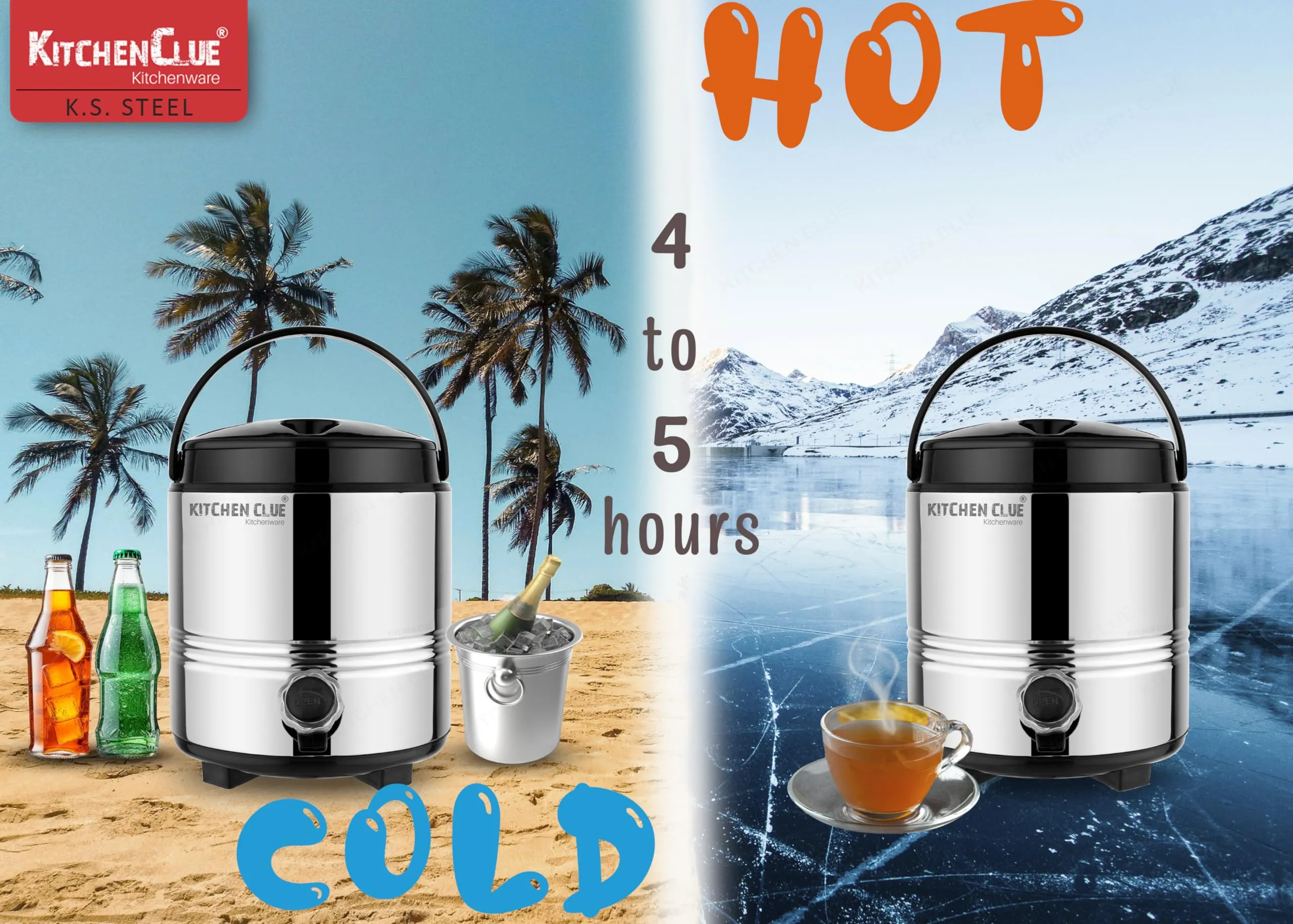 Kitchen Clue Stainless Steel Thermally Insulated Tea/Water Jug with Handle I 5 Liter I Airtight & Spill-Proof Lid I HOT & Cold Water Dispenser with Leak-Proof Tap I Highly Durable & Sturdy