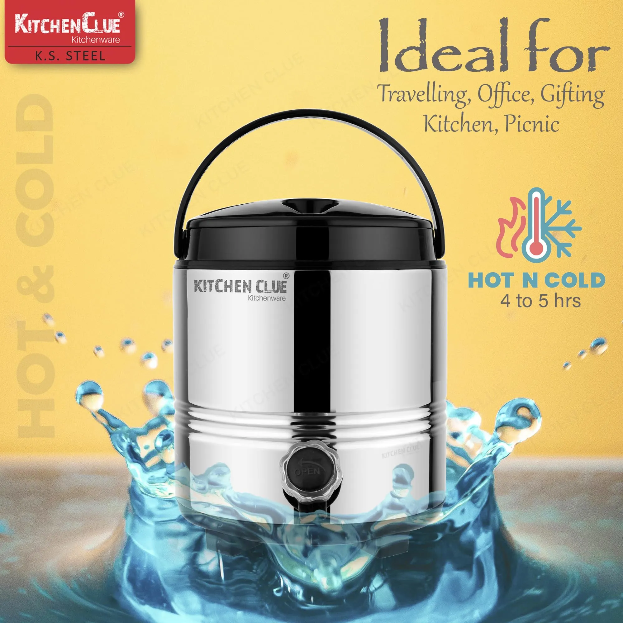 Kitchen Clue Stainless Steel Thermally Insulated Tea/Water Jug with Handle I 5 Liter I Airtight & Spill-Proof Lid I HOT & Cold Water Dispenser with Leak-Proof Tap I Highly Durable & Sturdy