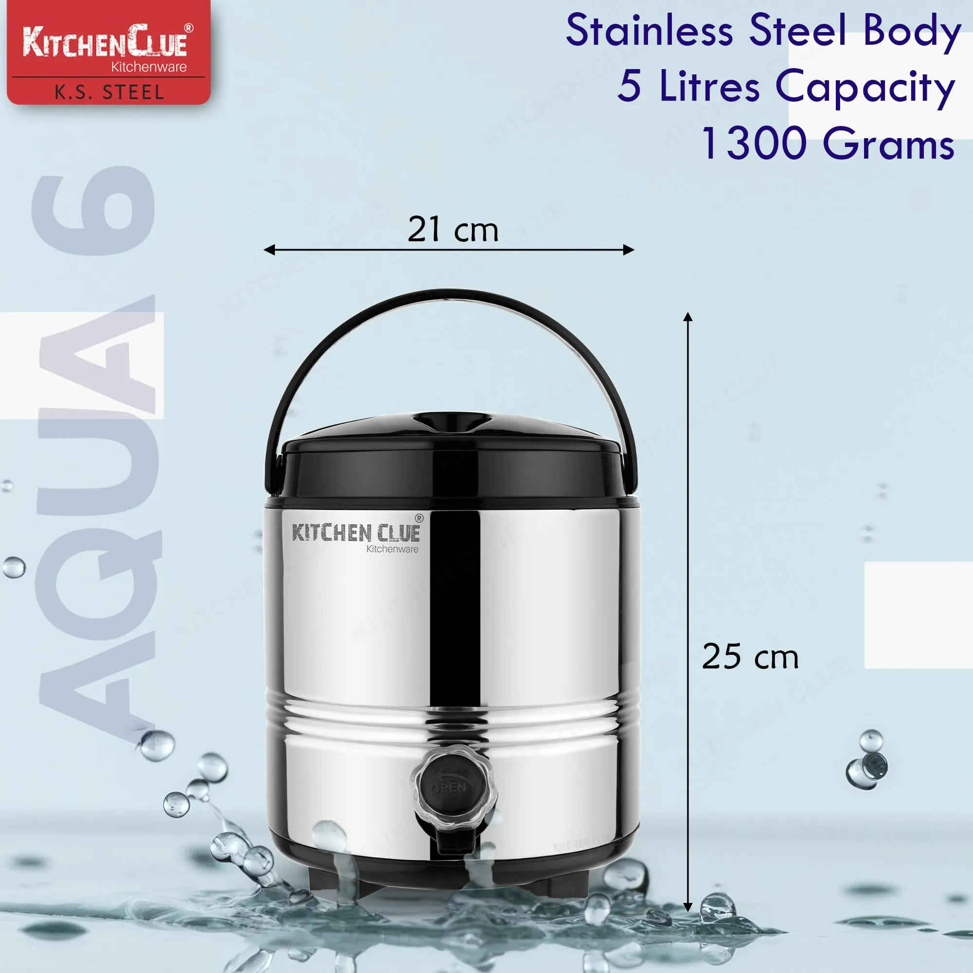 Kitchen Clue Stainless Steel Thermally Insulated Tea/Water Jug with Handle I 5 Liter I Airtight & Spill-Proof Lid I HOT & Cold Water Dispenser with Leak-Proof Tap I Highly Durable & Sturdy