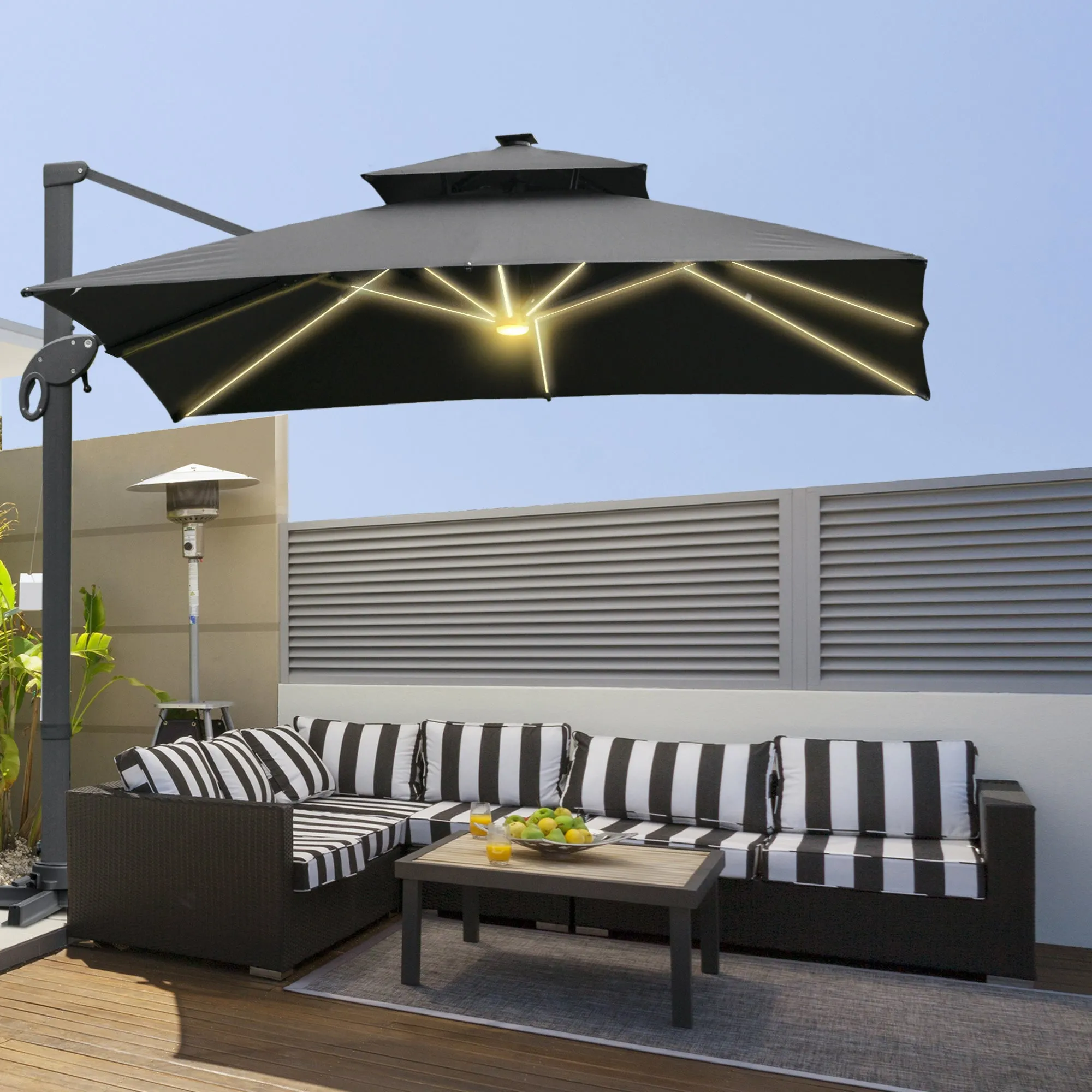 Outsunny 3 x 3(m) Cantilever Roma Parasol Garden Sun Umbrella, Two-tier 250g Polyester Sun Shade with LED Solar Light, Aluminum Frame, Cross Base 360√Ç¬¨√Ç¬®√¢¬Ä¬ö√É¬†√É¬ª Rotating for Backyard Gray