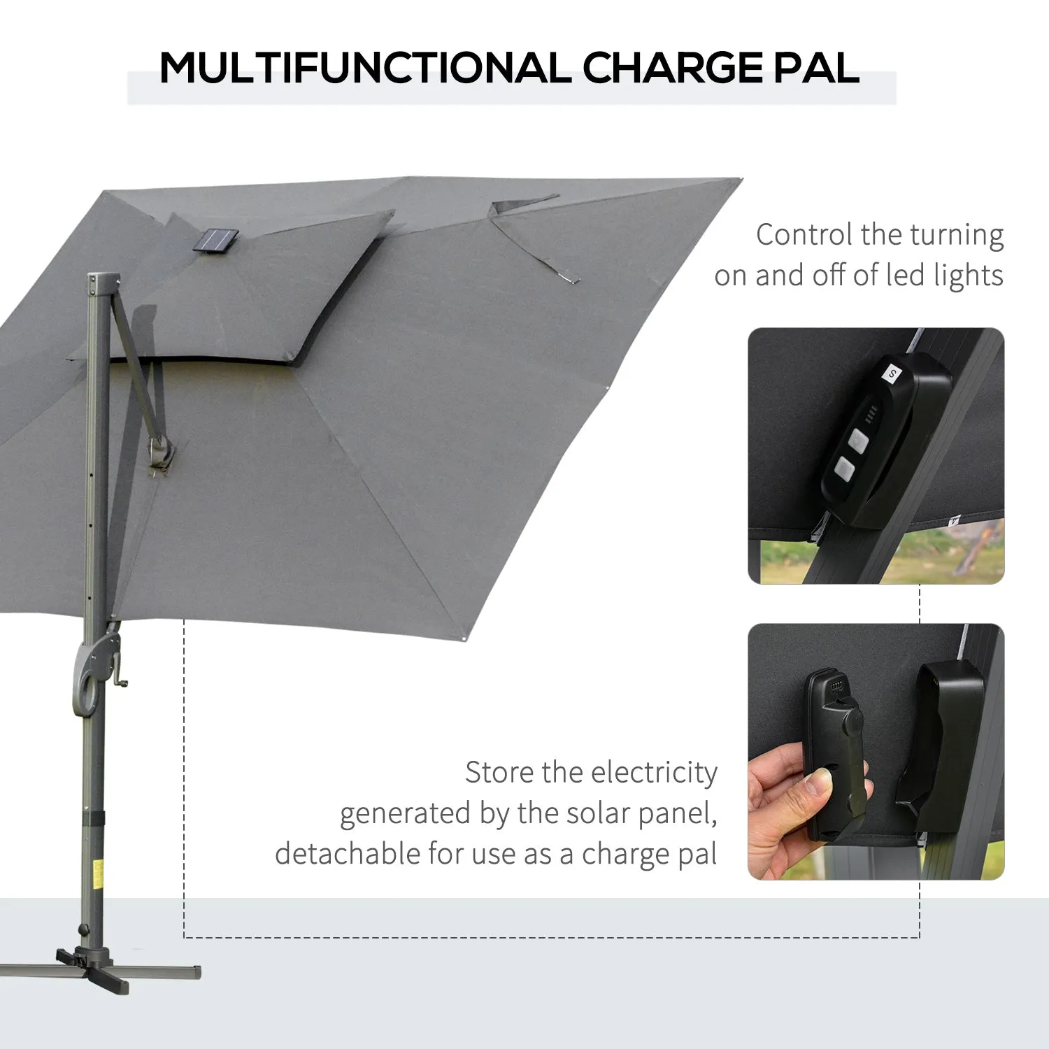 Outsunny 3 x 3(m) Cantilever Roma Parasol Garden Sun Umbrella, Two-tier 250g Polyester Sun Shade with LED Solar Light, Aluminum Frame, Cross Base 360√Ç¬¨√Ç¬®√¢¬Ä¬ö√É¬†√É¬ª Rotating for Backyard Gray