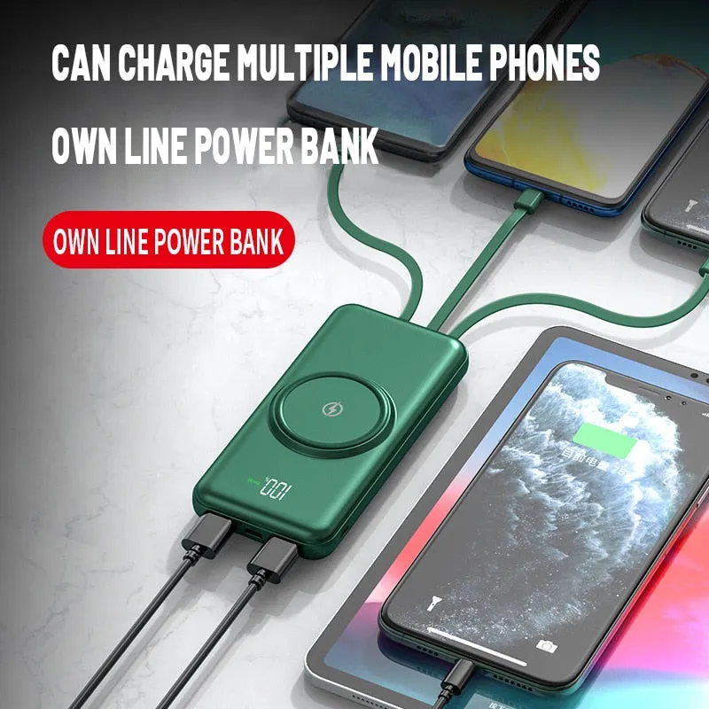 Power Bank Portable Wireless Fast Charging 30000mAh Built in Cables 4USB For iPhone Huawei