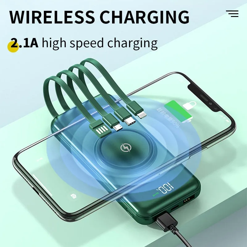 Power Bank Portable Wireless Fast Charging 30000mAh Built in Cables 4USB For iPhone Huawei