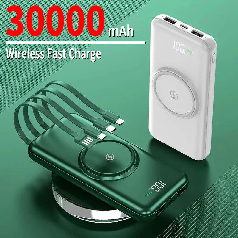 Power Bank Portable Wireless Fast Charging 30000mAh Built in Cables 4USB For iPhone Huawei