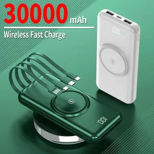 Power Bank Portable Wireless Fast Charging 30000mAh Built in Cables 4USB For iPhone Huawei