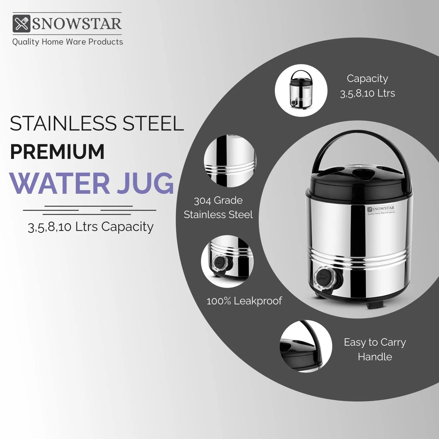 Snowstar Double Walled Insulated Thermosteel Water Dispenser for Office, Home Kitchen - Hot and Cold Water Jug 5 Liters, Silver - BPA Free - Easy to Carry Handle - Durable & Sturdy Base