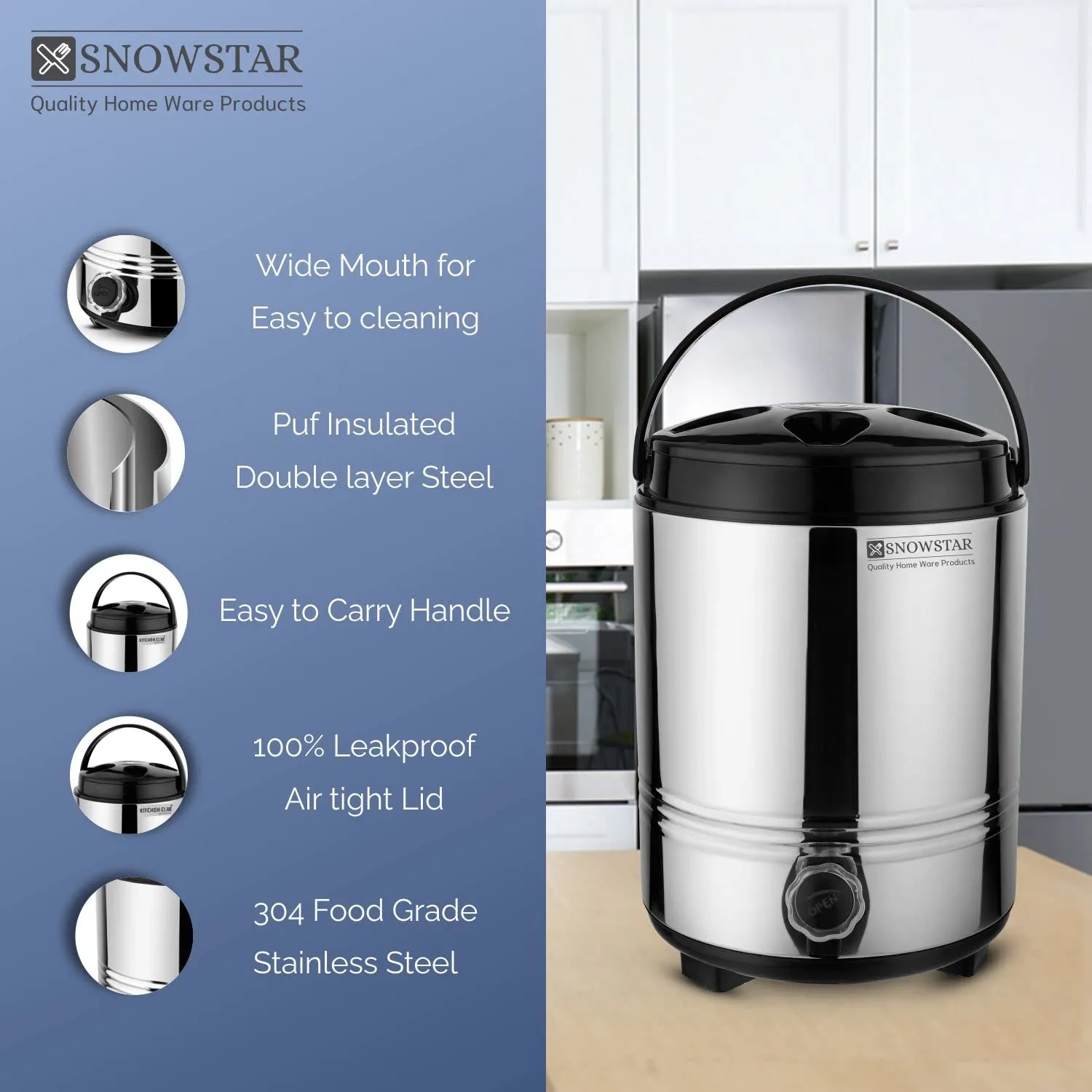 Snowstar Double Walled Insulated Thermosteel Water Dispenser for Office, Home Kitchen - Hot and Cold Water Jug 5 Liters, Silver - BPA Free - Easy to Carry Handle - Durable & Sturdy Base