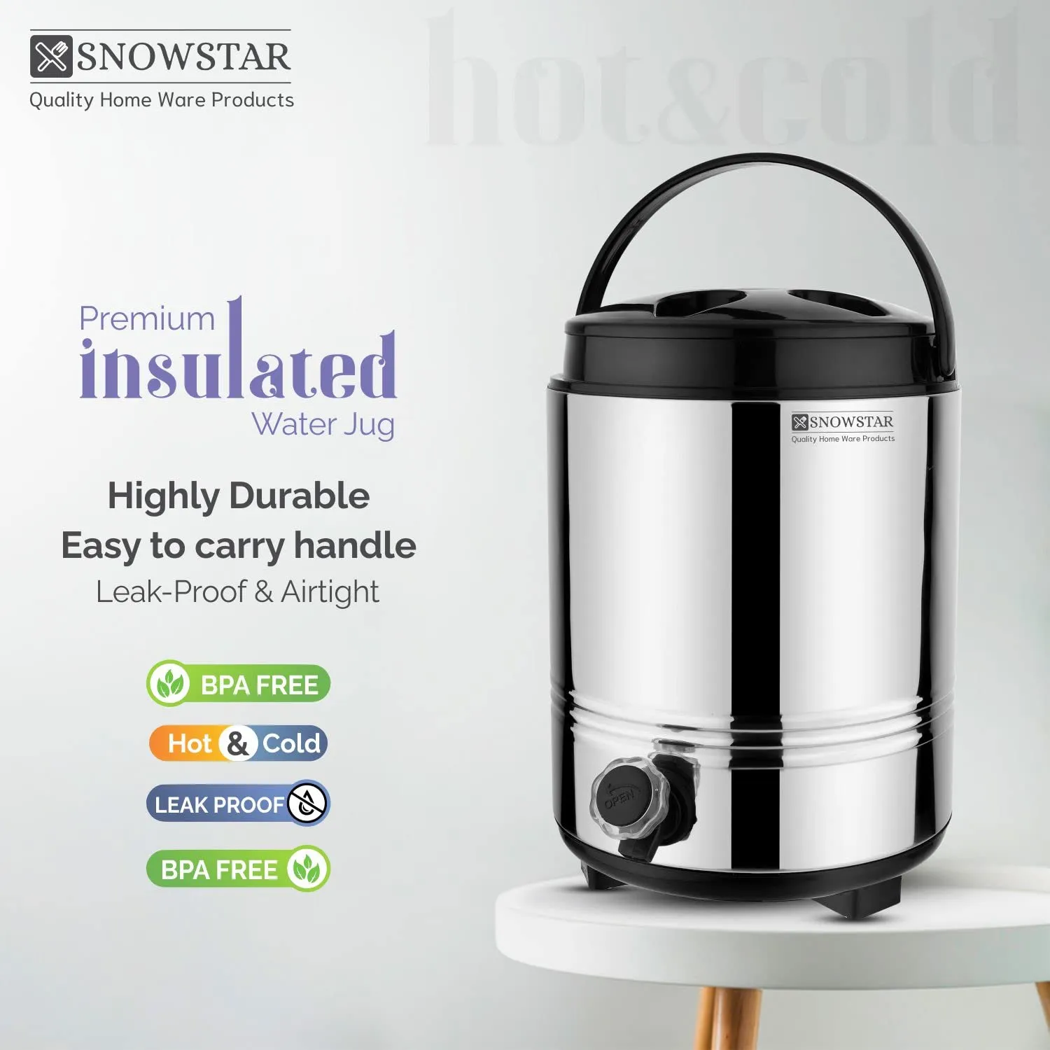 Snowstar Double Walled Insulated Thermosteel Water Dispenser for Office, Home Kitchen - Hot and Cold Water Jug 5 Liters, Silver - BPA Free - Easy to Carry Handle - Durable & Sturdy Base